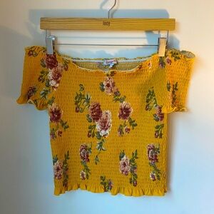 Orange Kiss Smocked Yellow Floral Short Sleeve Off The Shoulder Crop Top Size XL